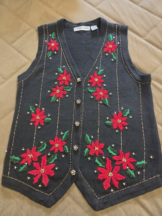 Victoria Jones Woman Jackets & Blazers - Holiday Poinsettia Embroidered And Beaded Women's Vest. Sz S